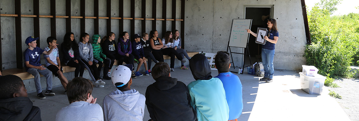A TRCA educator leads a school program during a field trip at Tommy Thompson Park