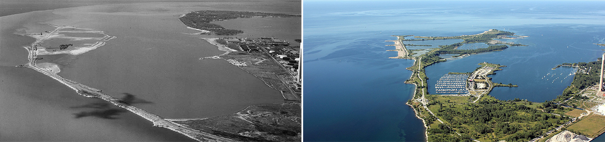 aerial views of Tommy Thompson Park in 1975 and 2012