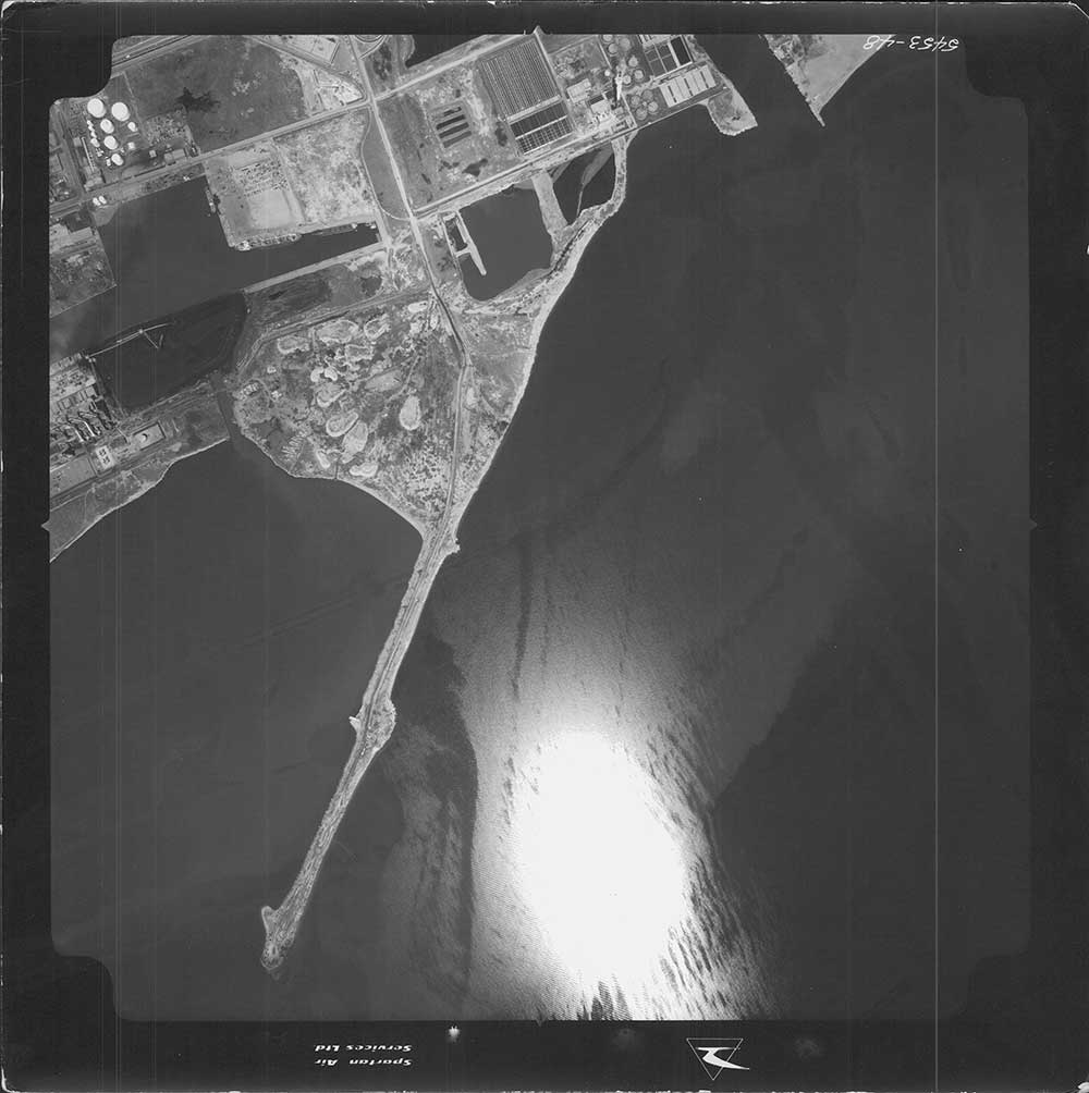 Aerial view of construction of Leslie Street Spit in 1967